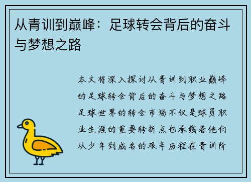 从青训到巅峰：足球转会背后的奋斗与梦想之路